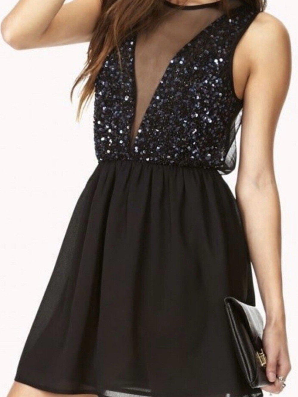 Forever 21 Black Sequin Mesh Plunge Mini Dress -Size Small
